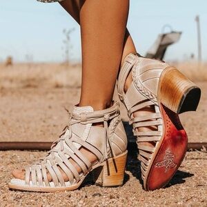 Freebird “Wazee” Tan Heeled Sandals with Lace-Up Design